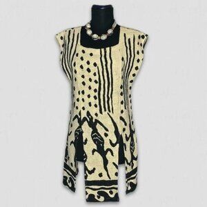 Vintage 70s African Mud Cloth Duster Vest Cream/Black Size Medium
